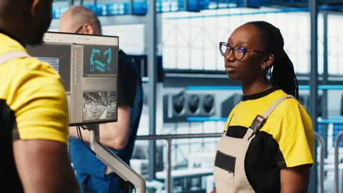 Photovoltaics smart factory engineering team diagnosing damaged IoT sensors Stock Footage 305491437