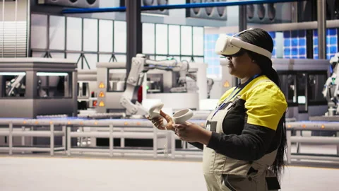 Photovoltaics smart factory expert using VR tech to manage automation systems Stock Footage 307367102