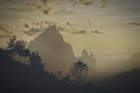 Phou Khoun Dramatic sky. sun ray shining over mountain. View point on laos lu Stock Photos