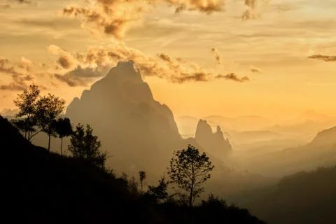 Phou Khoun Dramatic sky. sun ray shining over mountain. View point on laos lu Stock Photos