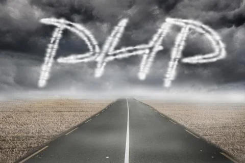 Php against misty brown landscape with street Stock-Illustration