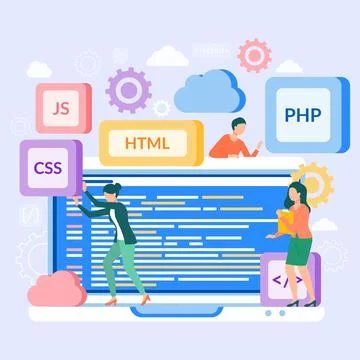PHP and HTML development concept. Software website developer with computer Stock Illustration