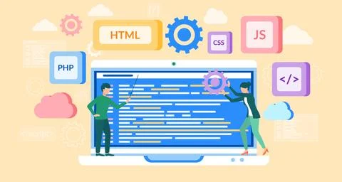 PHP and HTML development concept. Software website developer with computer Stock Illustration