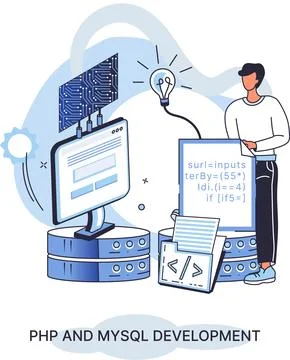 PHP and MySql development concept. Software website developer with computer,  Stock Illustration