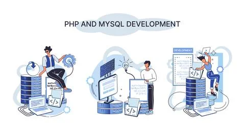 PHP and MYsql development. Database management system. Programming language Stock Illustration