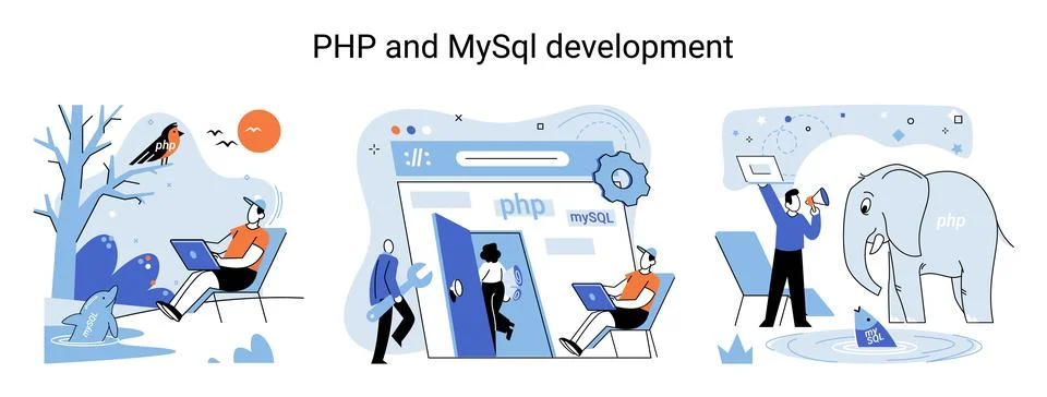 PHP and MYsql development. Database management system. Programming language Stock Illustration