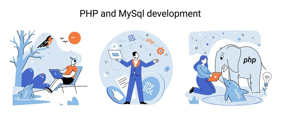 PHP and MySql development. Software website developer, programmer service Stock Illustration