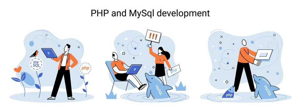 PHP and MySql development. Software website developer, programmer service Illustrazione stock