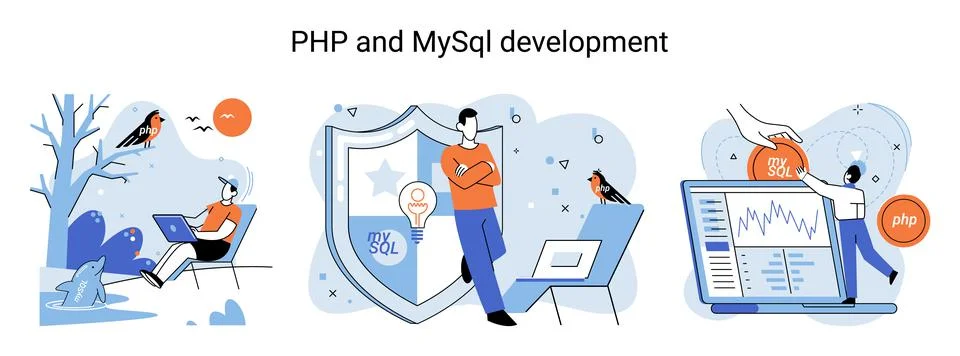 PHP and MySql development. Software website developer, programmer service Stock Illustration