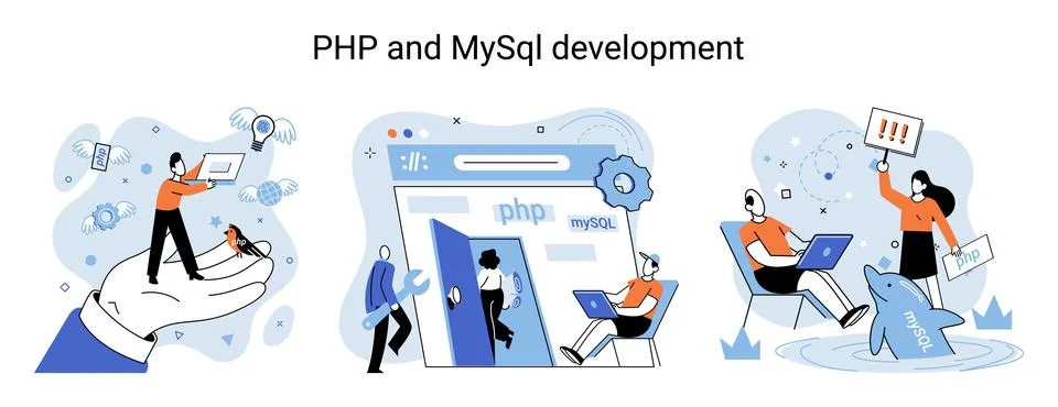 PHP and MySql development. Software website developer, programmer service Illustrazione stock