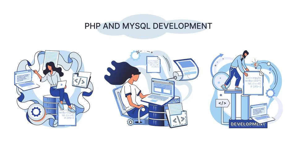 PHP and MySql development. Software website developer, programmer service Stock Illustration