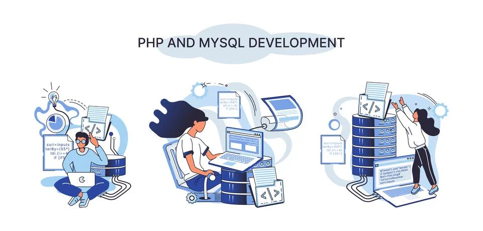 PHP and MySql development. Software website developer, programmer service Illustrazione stock