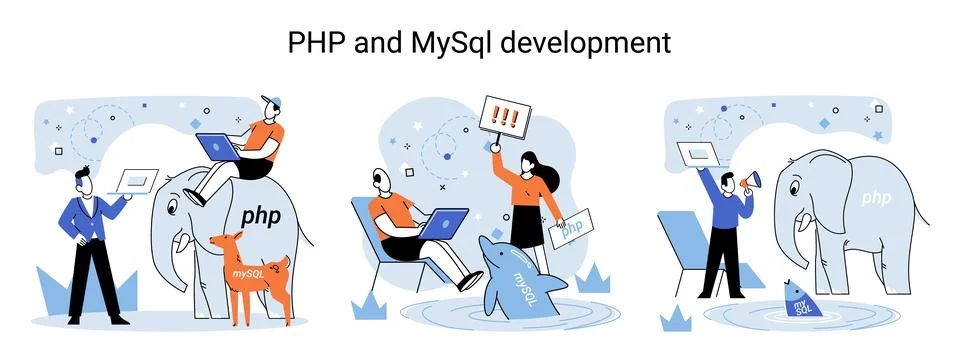 PHP and MySql development. Software website developer, programmer service Stock Illustration