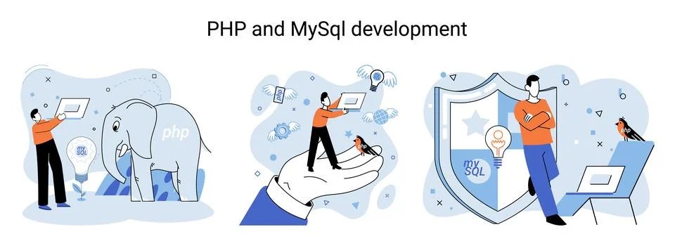 PHP and MySql development. Software website developer, programmer service Stock Illustration