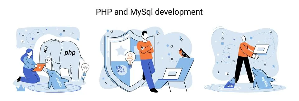 PHP and MySql development. Software website developer, programmer service Stock Illustration