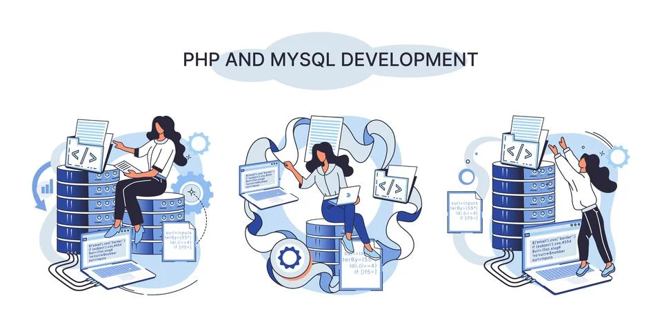 PHP and MySql development. Software website developer, programmer service Stock Illustration