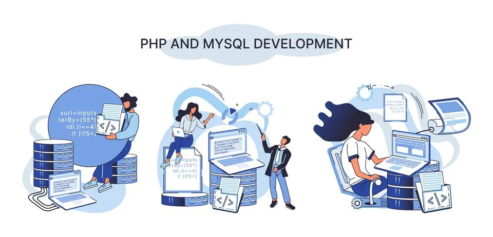PHP and MySql development. Software website developer, programmer service Stock Illustration