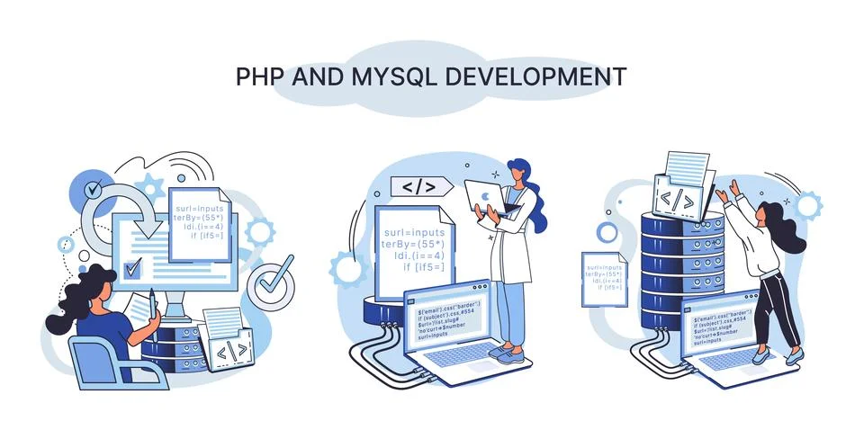 PHP and MySql development. Software website developer, programmer service Stock Illustration