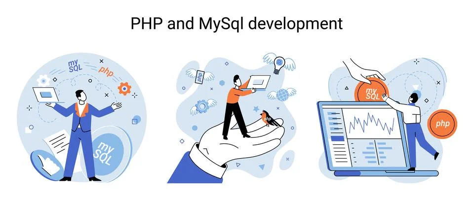 PHP and MySql development. Software website developer, programmer service Stock Illustration