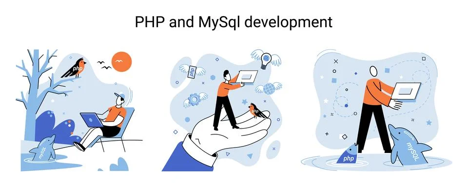PHP and MySql development. Software website developer, programmer service Illustrazione stock