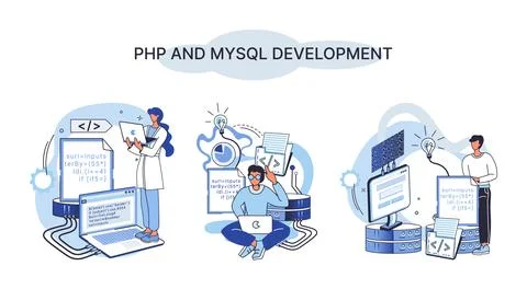 PHP and MySql development. Software website developer, programmer service Stock Illustration
