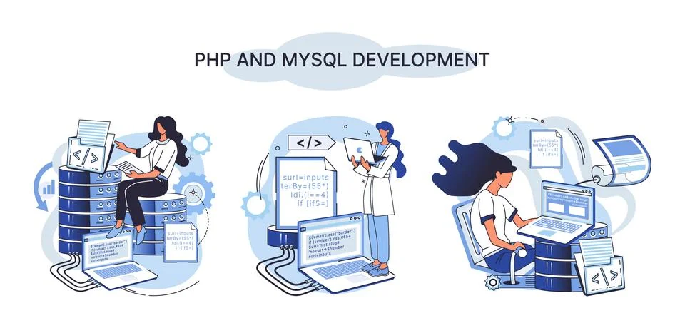 PHP and MySql development. Software website developer, programmer service Stock Illustration