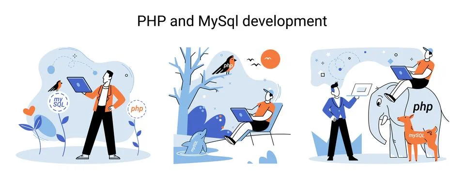 PHP and MySql development. Software website developer, programmer service Stock Illustration