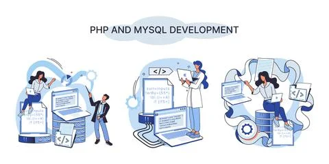 PHP and MySql development. Software website developer, programmer service Stock Illustration