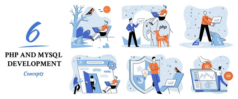 PHP and MySql development. Software website developer, programmer service Stock Illustration