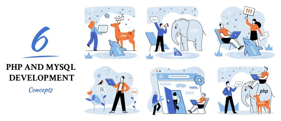 PHP and MySql development. Software website developer, programmer service Stock Illustration