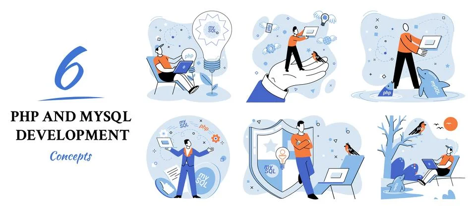 PHP and MySql development. Software website developer, programmer service Stock Illustration