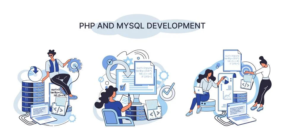 PHP and MySql development. Software website developer, programmer service Stock Illustration