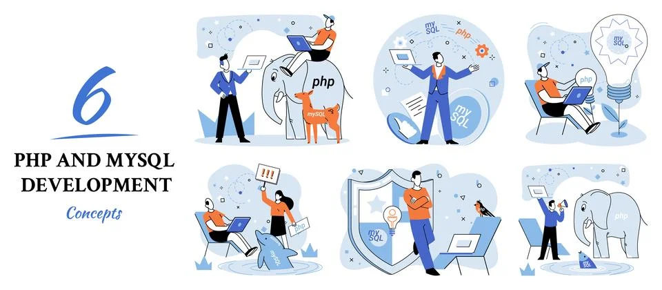 PHP and MySql development. Software website developer, programmer service Stock Illustration