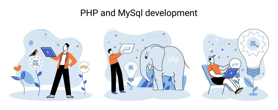 PHP and MySql development. Software website developer, programmer service Stock Illustration