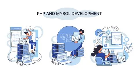 PHP and MySql development. Software website developer, programmer service Stock Illustration