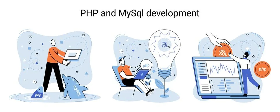 PHP and MySql development. Software website developer, programmer service Stock Illustration