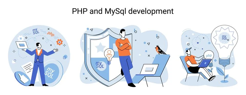 PHP and MySql development. Software website developer, programmer service Stock Illustration
