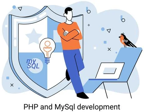 PHP and MySql development. Software website developer, programmer service Stock Illustration