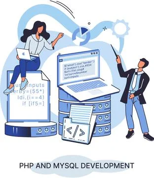 PHP and MySql development. Software website developer, programmer service Stock Illustration