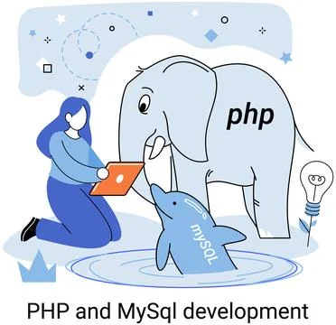 PHP and MySql development. Software website developer, programmer service Illustrazione stock