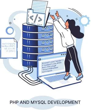 PHP and MySql development. Software website developer, programmer service Stock Illustration