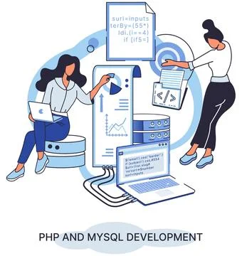 PHP and MySql development. Software website developer, programmer service Stock Illustration