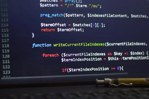 PHP back-end code. Computer programming source code 스톡 사진