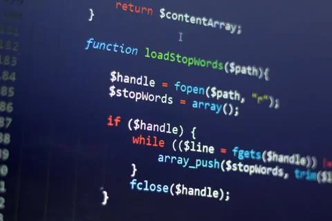 PHP back-end code. Computer programming source code Stock-Fotos