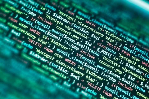 PHP code on computer screen. Software development abstract background. Green  Foto stock