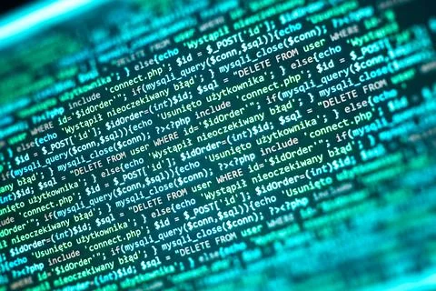 PHP code on computer screen. Software development abstract background. Green  Foto stock