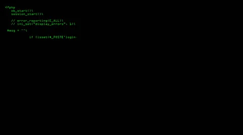 Php code programation running on computer screen with black background Stock Footage 58118965