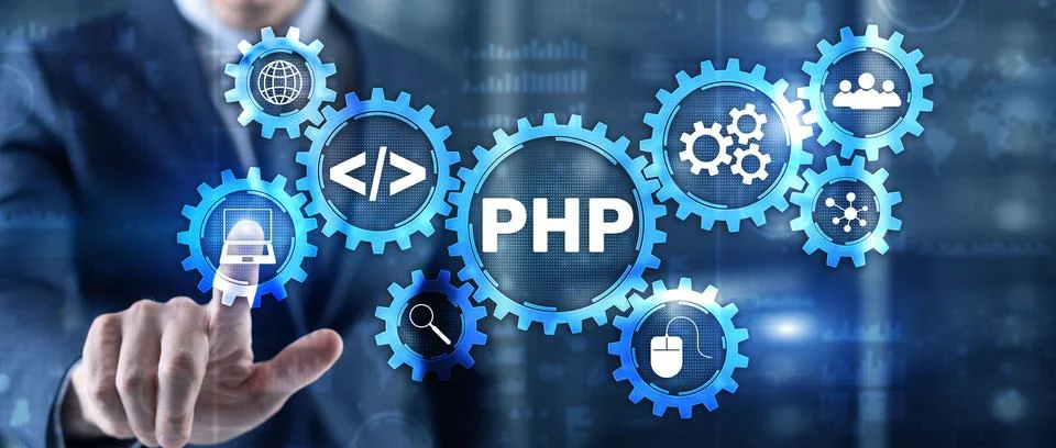 PHP coding Concept. Programmer search. Technology Background Stock-Fotos