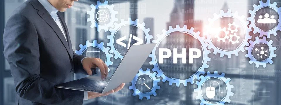 PHP coding Concept. Programmer search. Technology Background Stock-Fotos