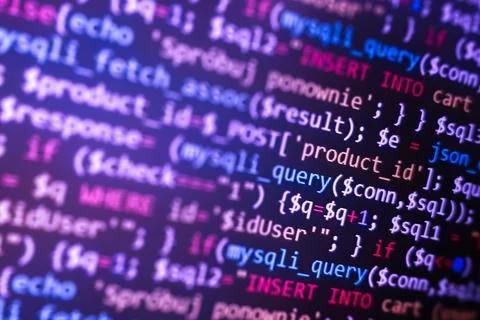 PHP development, software site code. Data encryption security code on a compu Stock Photos